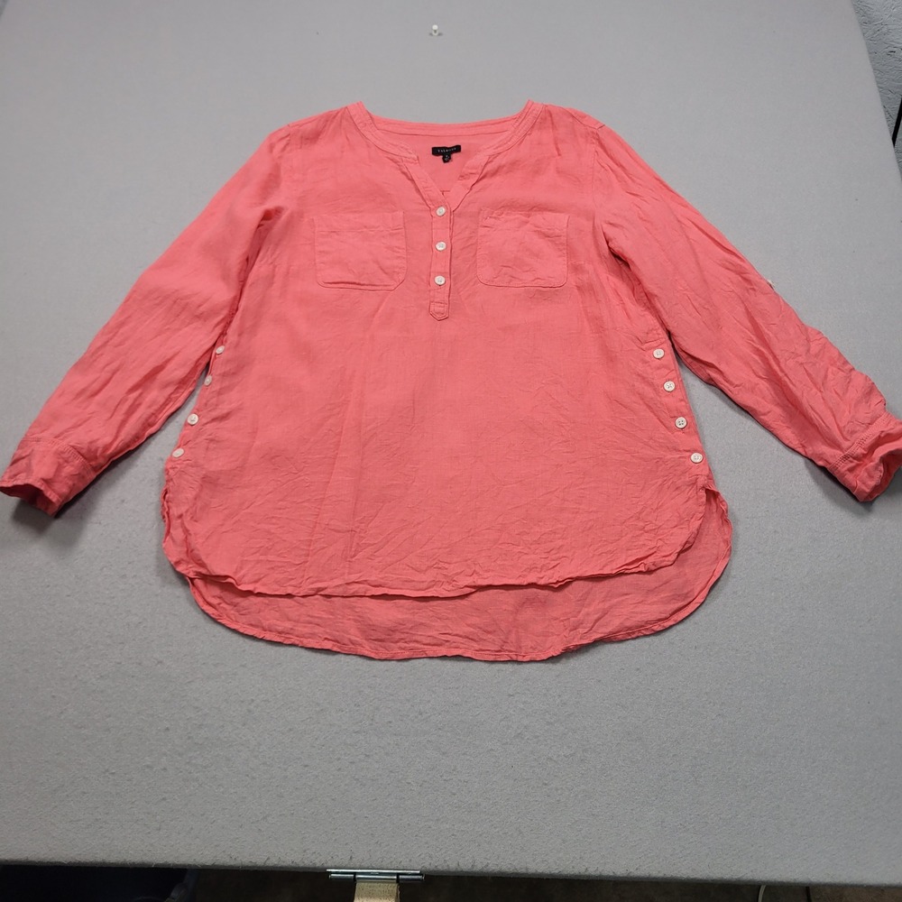 Talbots Womens Pink Linen Roll Tab‎ Sleeve Henley Blouse Medium Casual